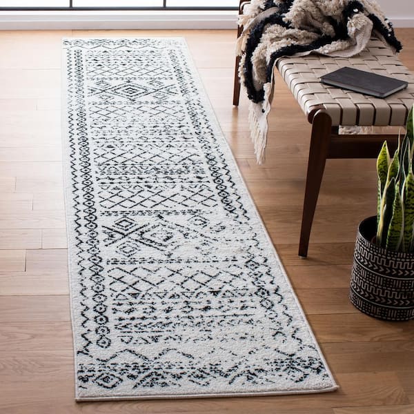 Tulum 2 ft. x 15 ft. Ivory/Black Border Tribal Distressed Runner Rug