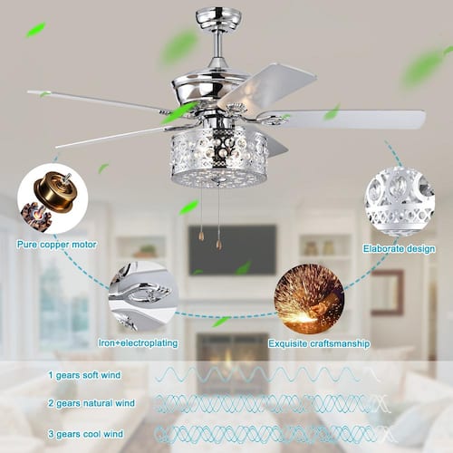 52 in. Indoor/Outdoor Chrome Ceiling Fan with Lights and 5 Blades Reversible Motor Fan Light with Pull Chain Control Lighting