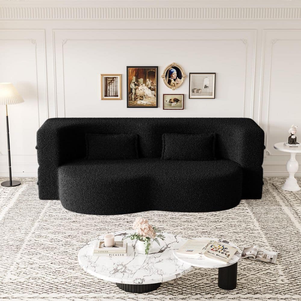 Polibi 78 in. Square Arm Teddy Sofa in Black with Convertible