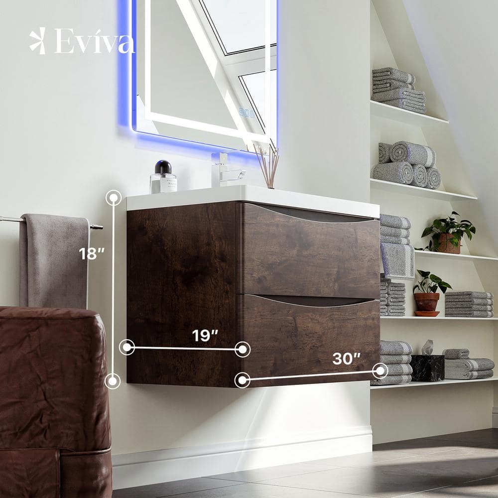 Eviva Smile 30" Rosewood Wall-Mount Bathroom Vanity with Acrylic Sink