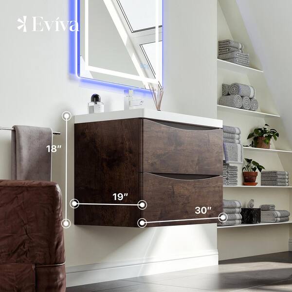 Eviva Smile 30 in. W x 19 in. D x 18 in. H Single Bath Vanity Floating in Rosewood with White Acrylic Top with White Sink