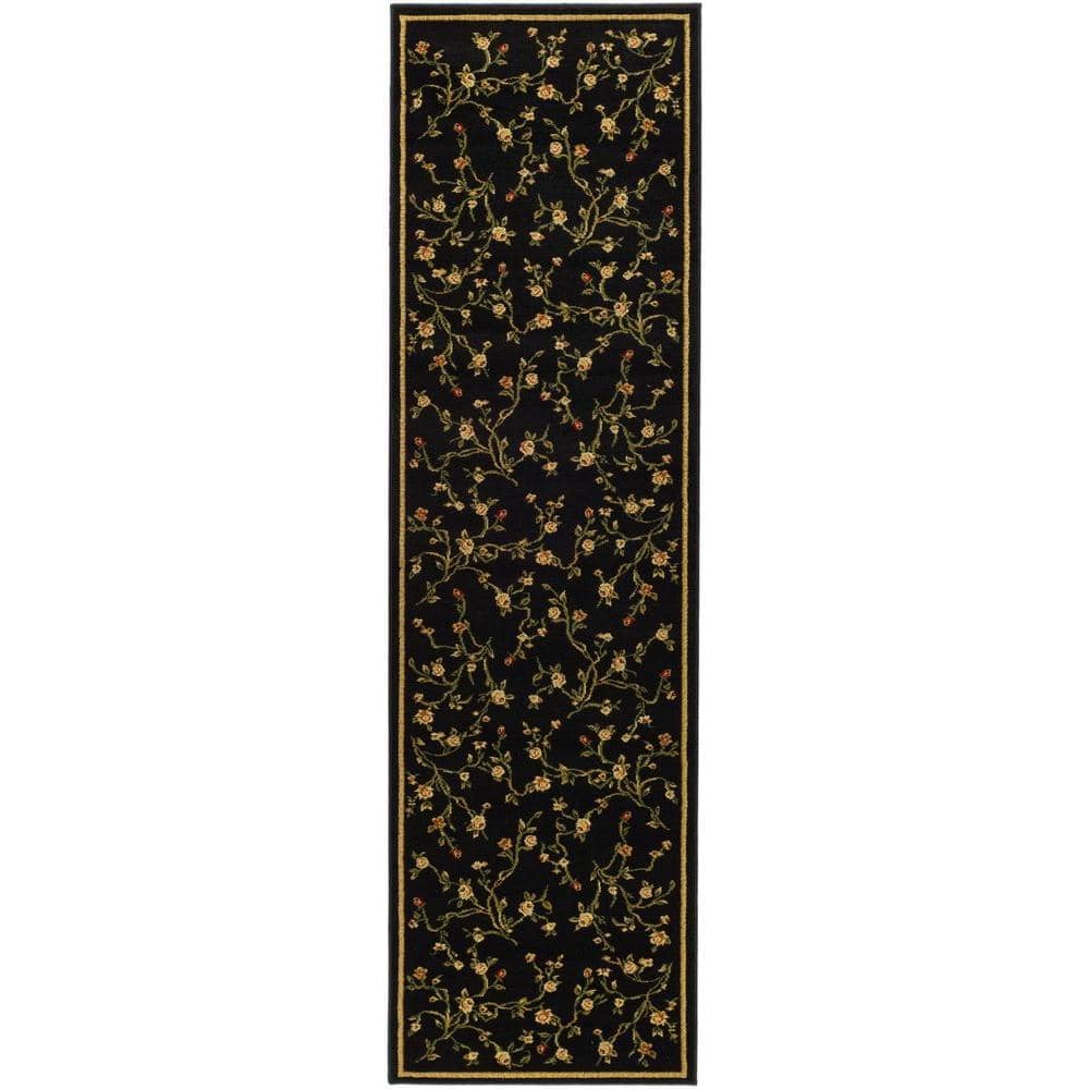 Black Floral Synthetic Low Pile Runner Rug