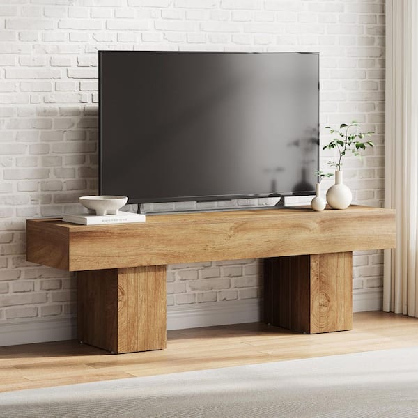 Light Brown Wood TV Stand Fits TVs up to 30 to 55 in. Low TV Console for Living Room