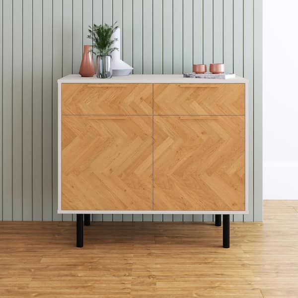 Manhattan Comfort Liam White and Wood Print Mid-Century Modern Composite Wood 35.43 in. Sideboard with 4-Storage Shelves