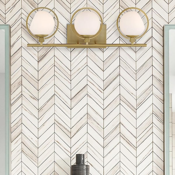 Designers Fountain Teatro 23.75 in. 3-Light Brushed Gold Modern Vanity Light with Etched Opal Glass Shades and Accent Rings