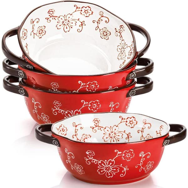 4-Piece Red Ceramic Double Handle Soup Bowl Set, Chip-Resistant Porcelain Crocks for Pasta, Stew, Cereal