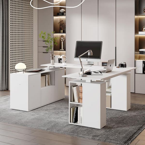 72.4 in. W U-Shaped White Adjustable Height Desk Ergonomic Desk Workstation Home Office with Cabinet, Bookshelf