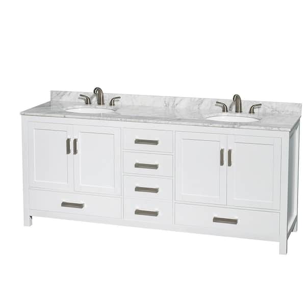 Wyndham Collection Sheffield 80 in. W x 22 in. D x 35 in. H Double Bath Vanity in White with White Carrara Marble Top