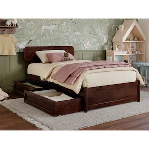 Capri Walnut Brown Solid Wood Frame Twin Platform Bed with Panel Footboard and Storage Drawers