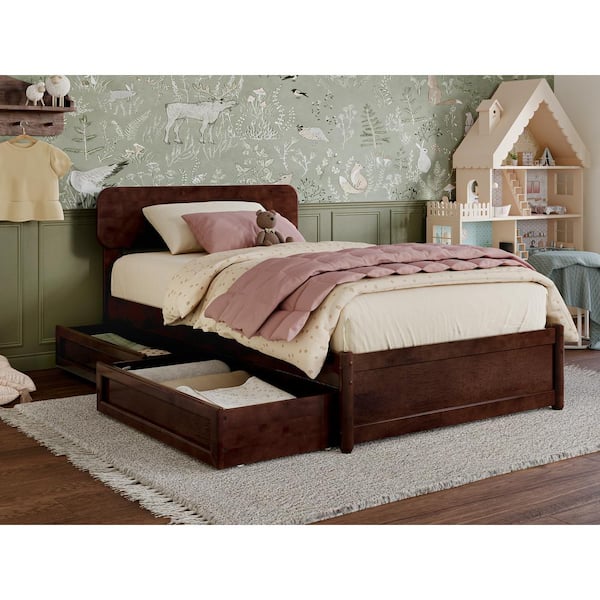 AFI Capri Walnut Brown Solid Wood Frame Twin Platform Bed with Panel Footboard and Storage Drawers