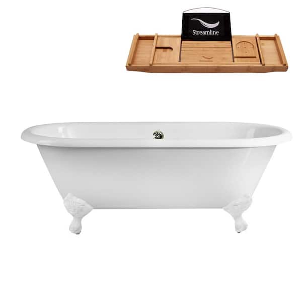 Streamline 60 in. Cast Iron Clawfoot Non-Whirlpool Bathtub in Glossy White with Brushed Nickel Drain and Glossy White Clawfeet