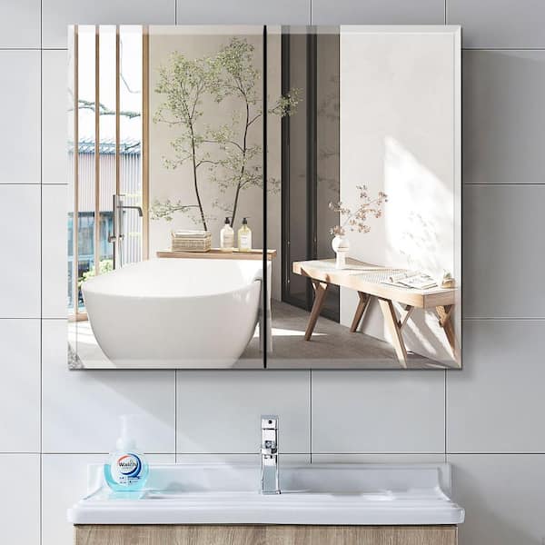 ANGELES HOME 30 in. W x 26 in. H Rectangular Surface/Recessed Mount Medicine Cabinet with Mirror, Double Door