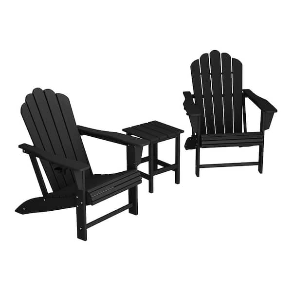 Aderson 3-Piece All Weather Outdoor HDPE Plastic Adirondack Chair Patio Conversation Set with Side Table in Black