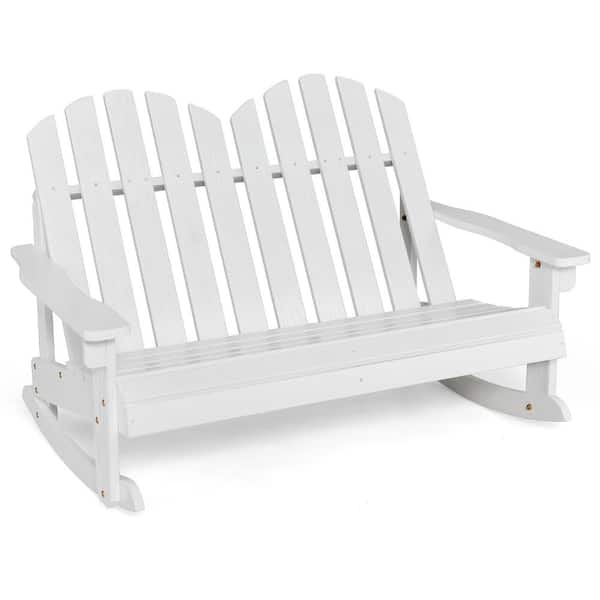 Costway 2 Person White Solid Wood Kid Adirondack Outdoor Rocking Chair Backrest Armrest