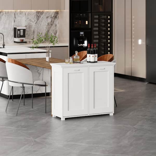 White Wood 37.4 in. W x 32.2 in. H Pantry Cabinet, Sideboard, Cabinet for 2-Trash Can w/ Air Purifier and Slanted Drawer