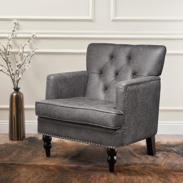 CHRISTOPHER KNIGHT HOME Slate Tufted Microfiber Arm Chair with Birch Wood Legs, Nailhead Trims