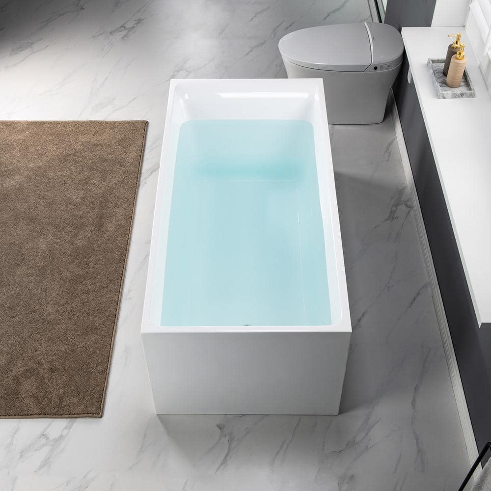59'' White Acrylic Freestanding Rectangular Soaking Bathtub