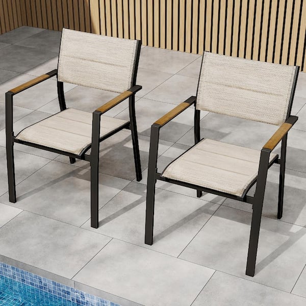 2-Piece Modern Black Aluminum Outdoor Dining Chair with Sling Seat and Wood-Look Arms
