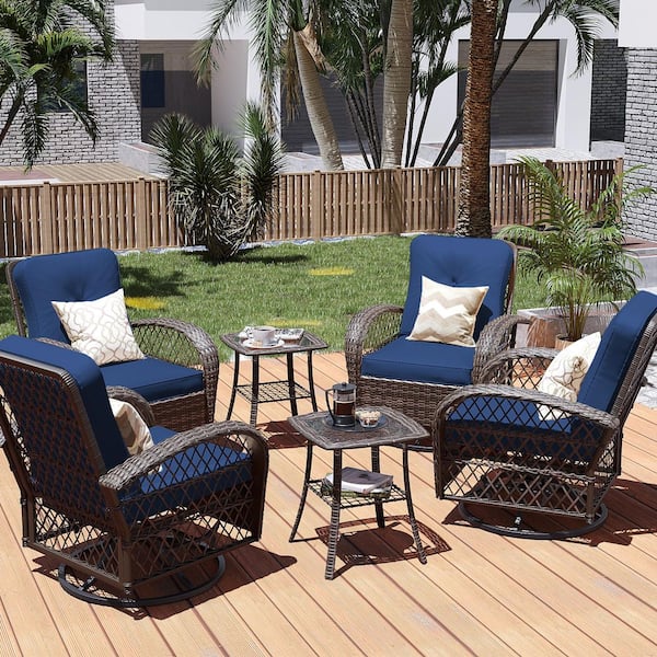 PATIO WATCHER 6-Piece Brown Metal Wicker 360° Patio Conversation Outdoor Rocking Chair Set with Navyblue Cushions