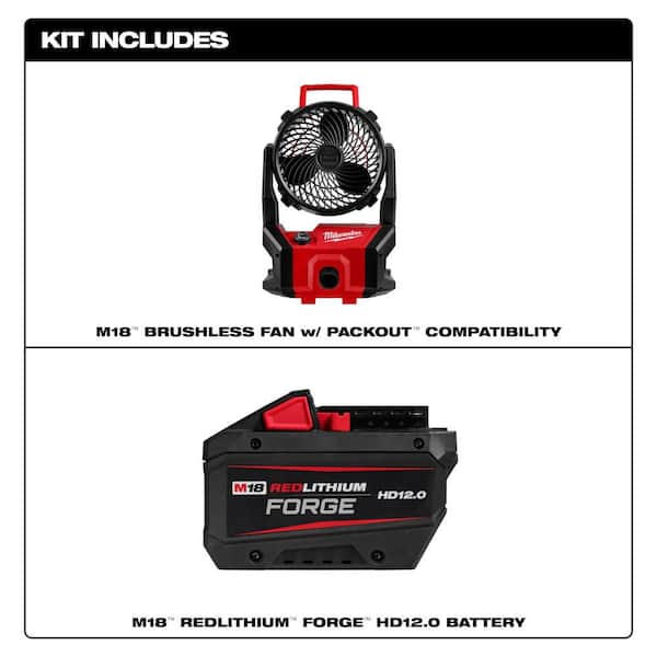M18 18-Volt Lithium-Ion Brushless Cordless PACKOUT Jobsite Fan w/ (1) FORGE HD 12.0 Ah Battery