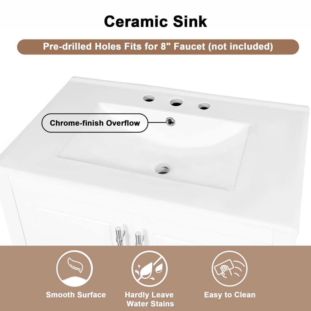 30" White Wood Freestanding Single Sink Bath Vanity with Ceramic Top
