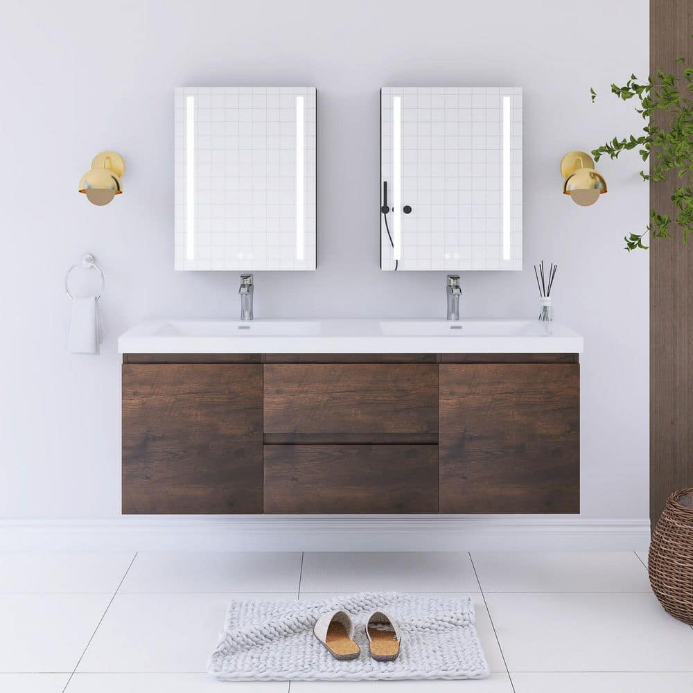59 in. W x 19.7 in. D x 22.5 in. H Double Sinks Wall Mounted Bath Vanity in Rose Wood White Cultured Marble Top price history on PriceWatchPro