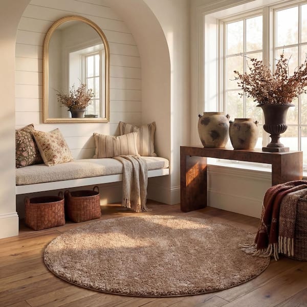 Milan Shag 5 ft. x 5 ft. Dark Beige Round Solid Area Rug