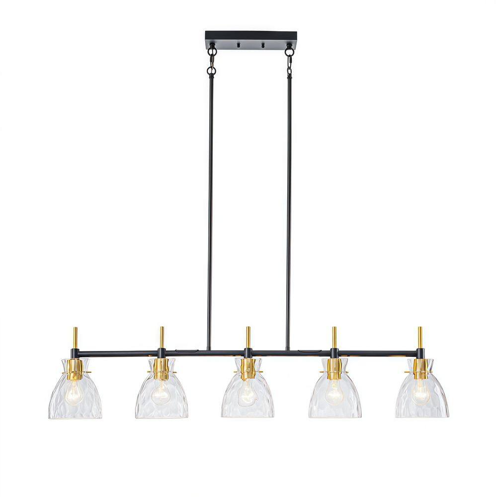 Ruvia 43.3 in. 5-Light Black and Brass Modern Linear Pendant Light with Bell-Shaped Clear Ripple Glass Shade price history on PriceWatchPro
