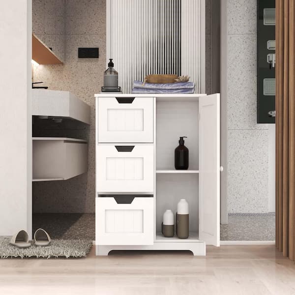 24 in. W x 12 in. D x 32 in. H White Bathroom Linen Cabinet Freestanding Storage Cabinet with 3 Drawers 1 Door