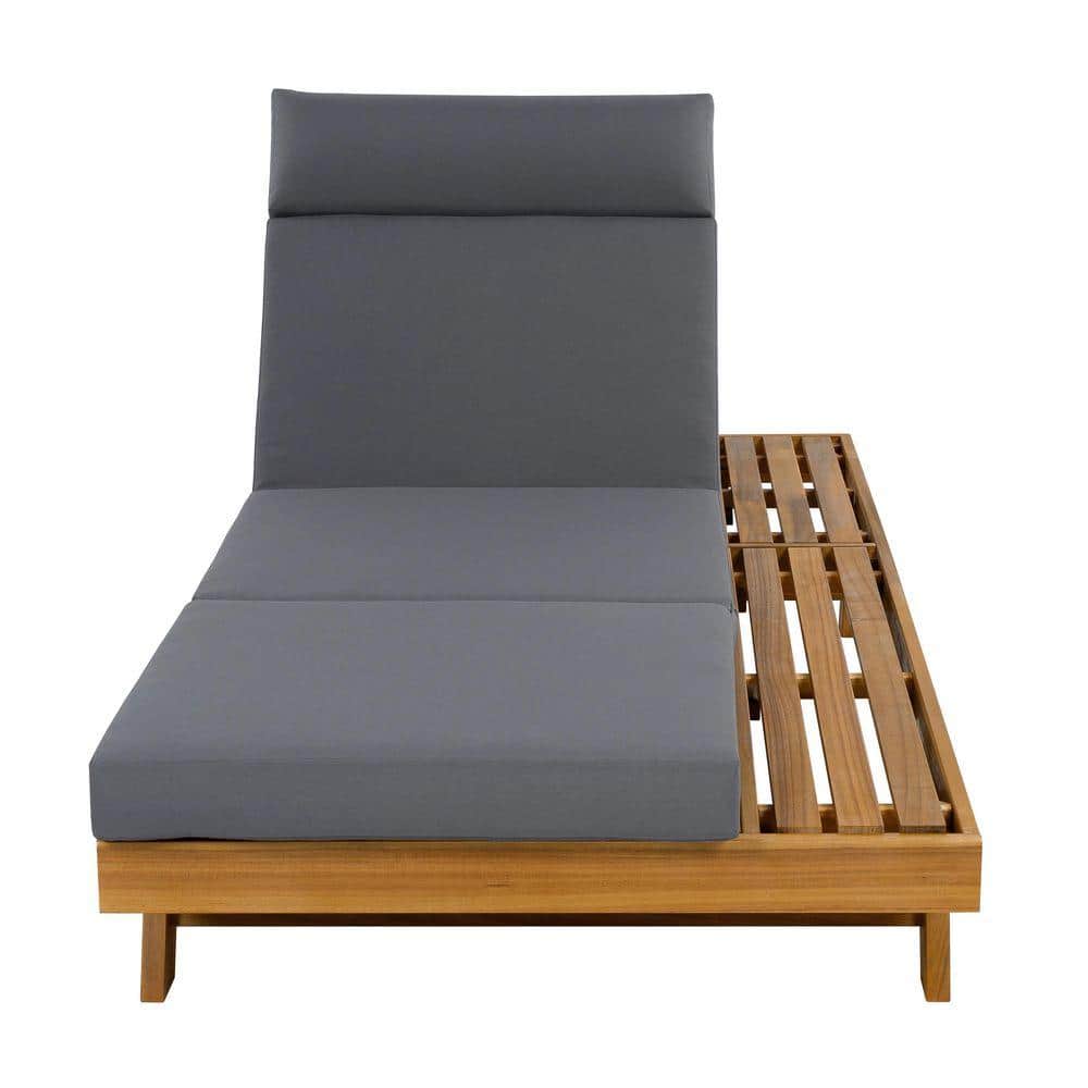 Grey Headrest Acacia Wood Outdoor Lounge Chair with 3-Layer 4 in. CushionGuard