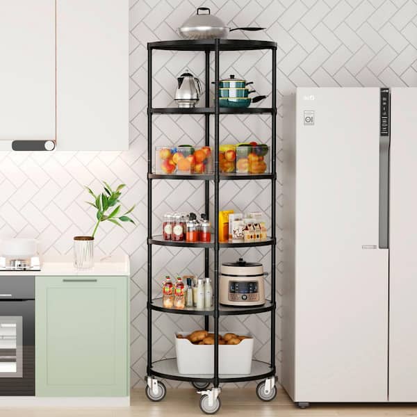 FUNKOL 6-Shelf Black Heavy-Duty Steel Round Shelf with 4 Wheels, 2400 lbs. (29.17 in. x 29.17 in. x 84.53 in.)
