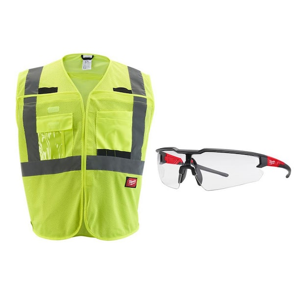 Milwaukee Small/Medium Yellow Class 2 Breakaway Mesh High Vis Safety Vest with 9-Pockets and Clear Anti Scratch Safety Glasses