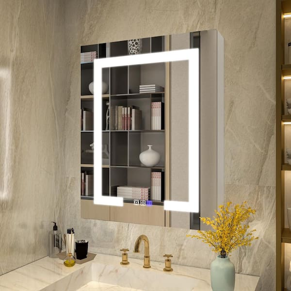 24 in. W x 30 in. H Rectangular Silver Aluminum Recessed/Surface Mount Medicine Cabinet with Mirror LED(Right Open)