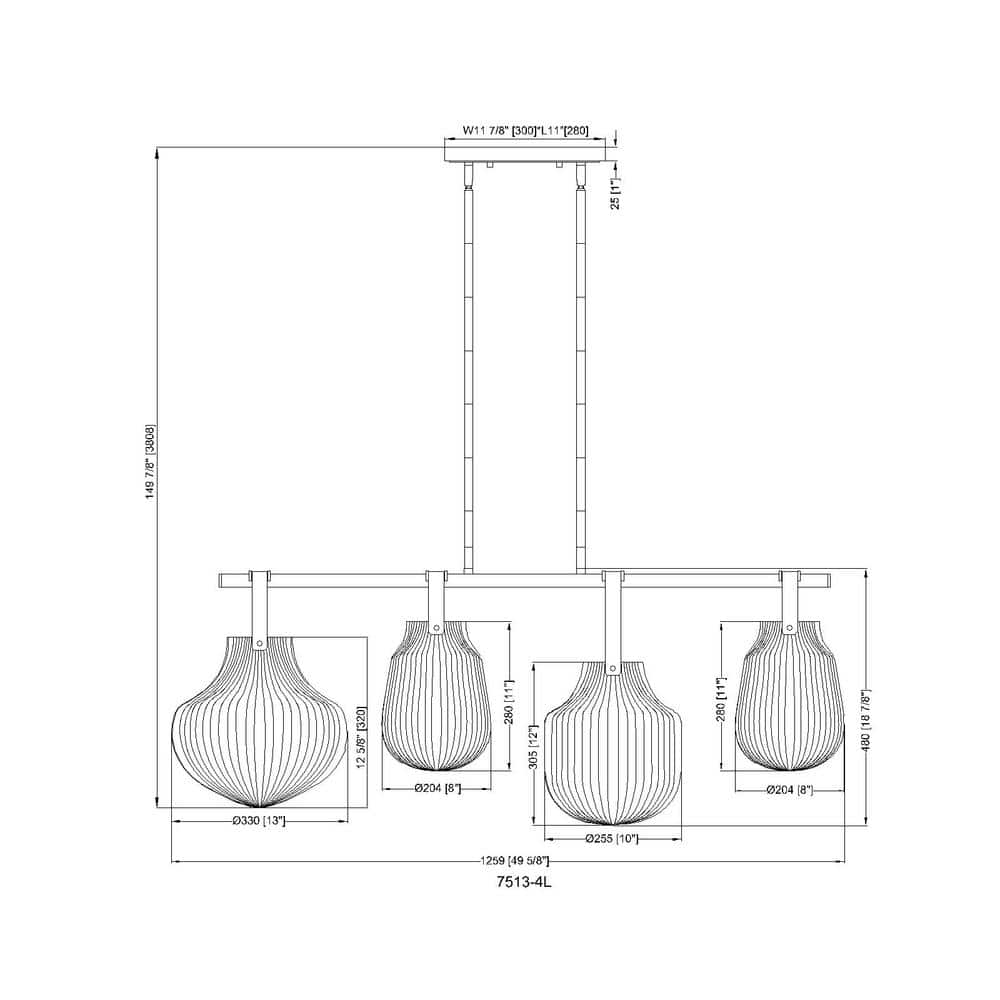 Modern Gold 4-Light Linear Chandelier with Glass Shades