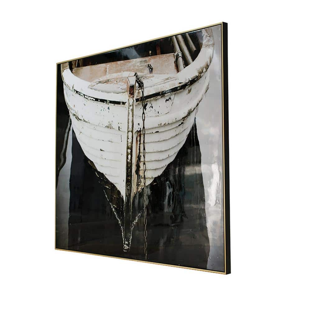 Large Black and White Boat Canvas Painting with Fir Wood Frame