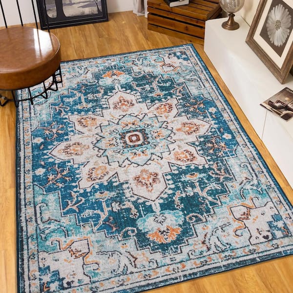 5 ft. x 7 ft. Beige Blue Abstract Washable for Bedroom, Dining Room, Living Room Area Rug