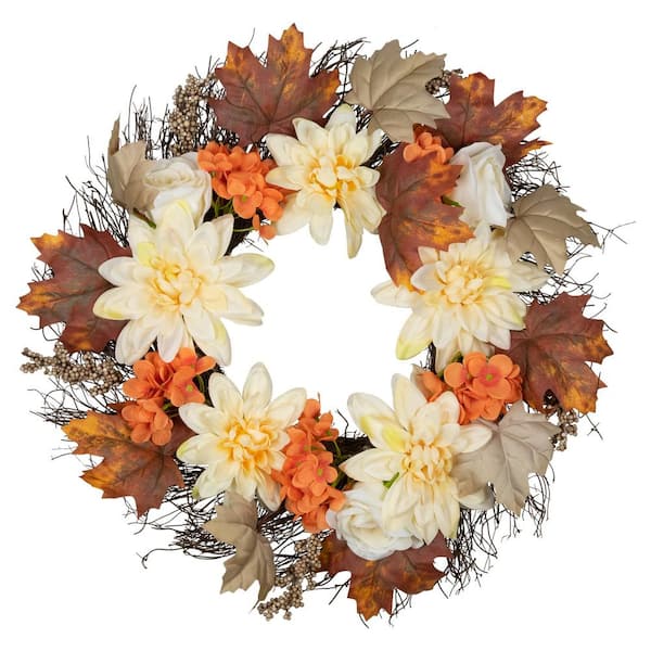 Dahlias Maple Leaves and Berries Artificial Fall Harvest Floral Twig Wreath - 22 in.