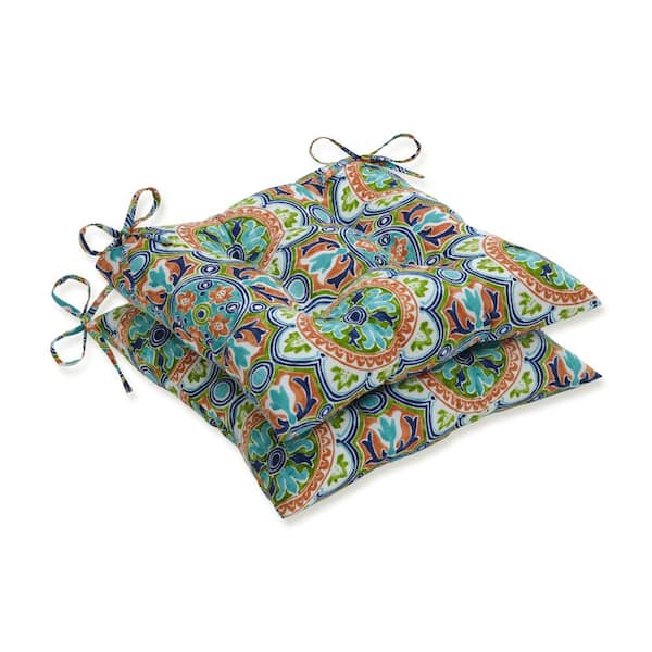 Pillow Perfect 19 in. x 18.5 in. Outdoor Dining Chair Cushion in Blue/Green/Orange (Set of 2)