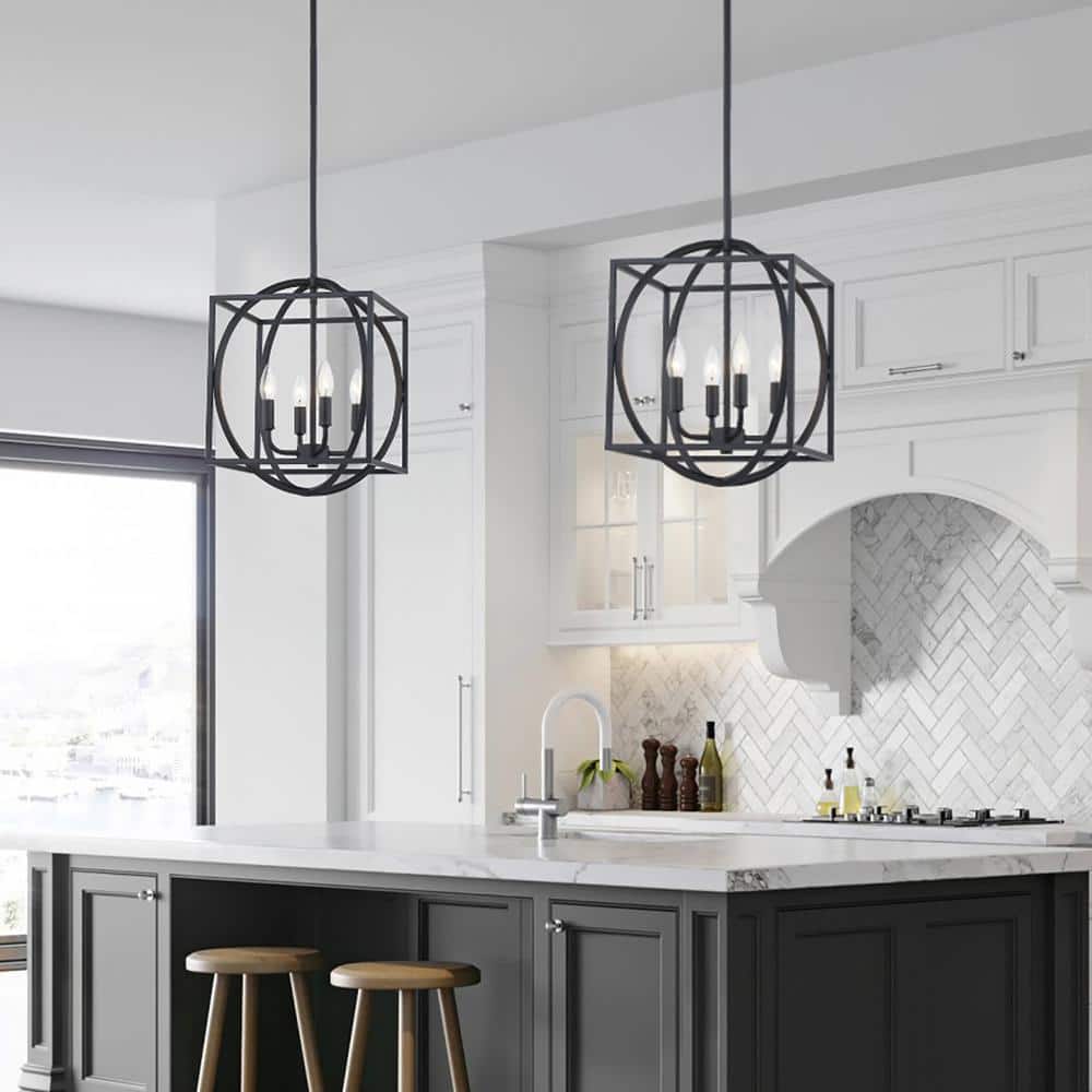 Black 4-Light Glass Lantern Pendant Light