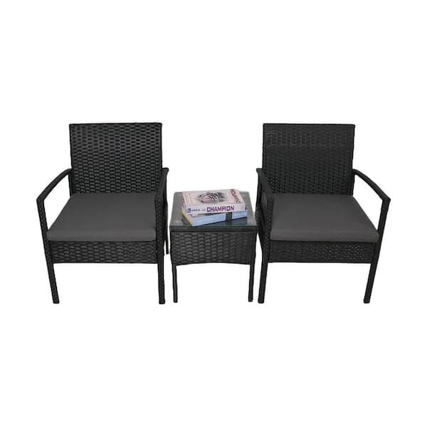 ITOPFOX 3-Piece Black Outdoor PE Rattan Conversation Set Patio Furniture Set with Coffee Table and Gray Cushions