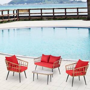 4-Piece PE Rattan Wicker Patio Conversation Set with Red Cushions