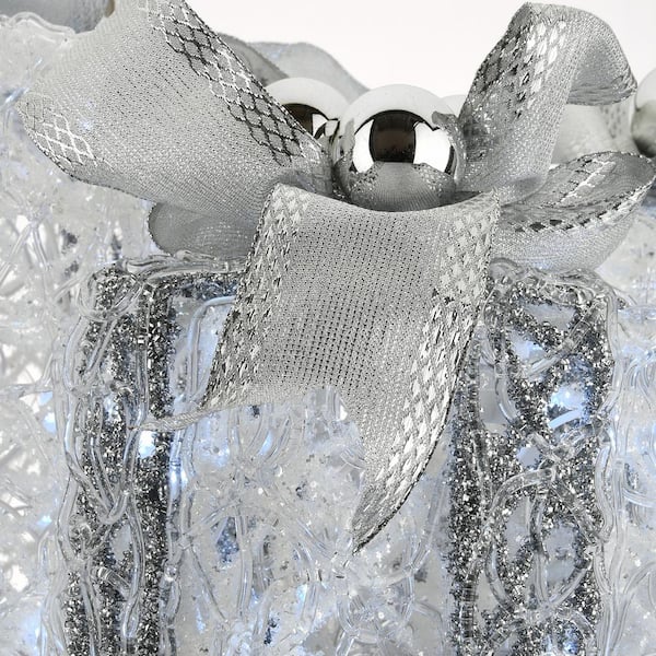 8 in., 10 in. and 12 in. Glittered White Gift Boxes with 70 Cool White Twinkle LED Lights (Set of 3)