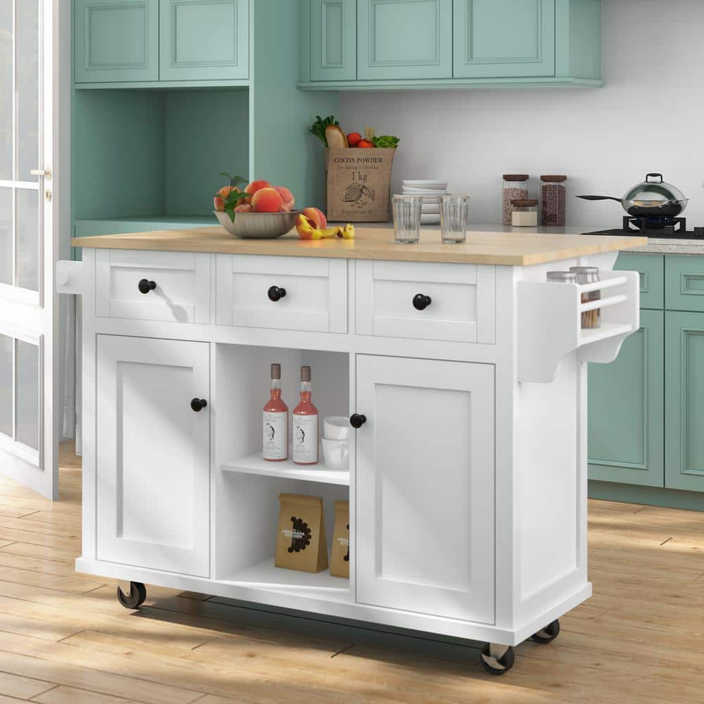 Famyyt White Rolling Rubberwood Countertop 53 In. Kitchen Island Cart 