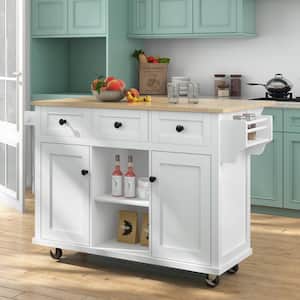 White Rolling Rubberwood Countertop 53 in. Kitchen Island Cart with Adjustable Shelves
