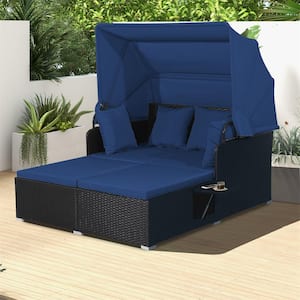 Wicker Outdoor Day Bed Lounge with Retractable Top Canopy and Side Tables in Navy Cushions