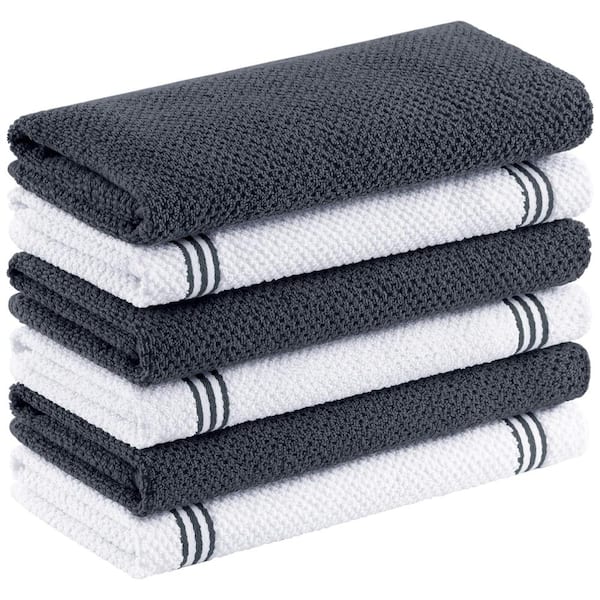 Dark Grey Dual-Design Cotton Kitchen Towels, Rice Grain and Stripe Patterns, Set of 6, 16 in. x 26 in.