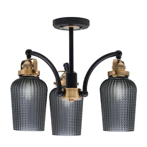 Decatur 16 in. 3 Light Black and Brass Semi-Flush with 5 in. Smoke Textured Glass Shade No Bulbs Included