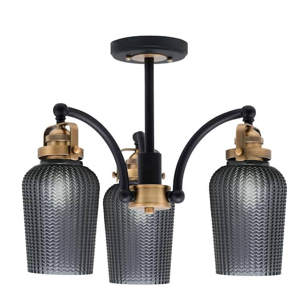 Unbranded Decatur 16 in. 3 Light Black and Brass Semi-Flush with 5 in. Smoke Textured Glass Shade No Bulbs Included