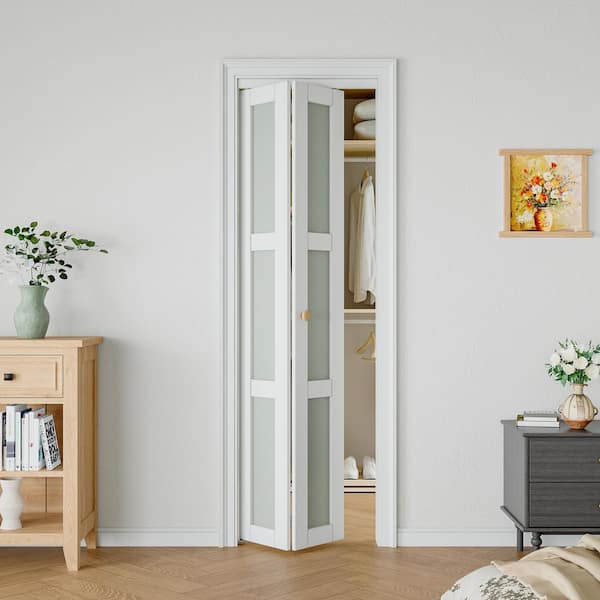 24 in. x 80 in. 3-Lite Tempered Frosted Glass Solid Core White Primed MDF Closet Bi-Fold Door with Hardware