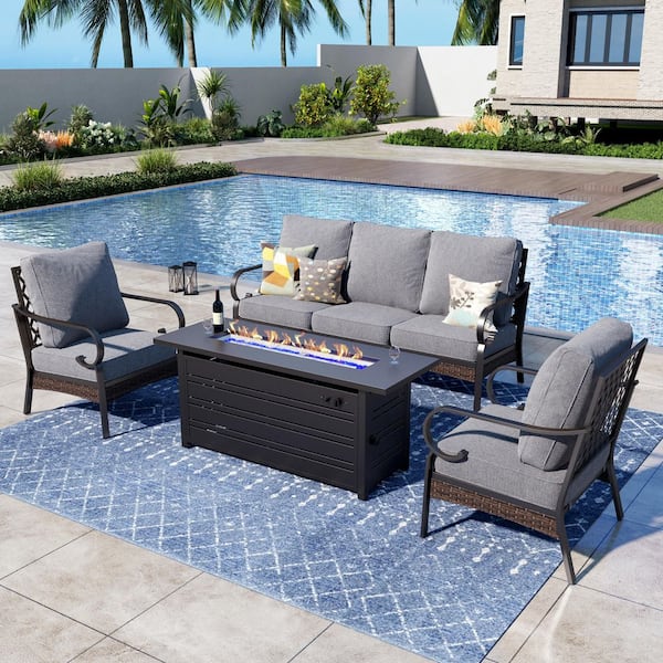 PHI VILLA 4-Piece Black Metal Outdoor Patio Conversation Seating Set with Fixed Chairs, 50000 BTU Fire Pit Table and Gray Cushions
